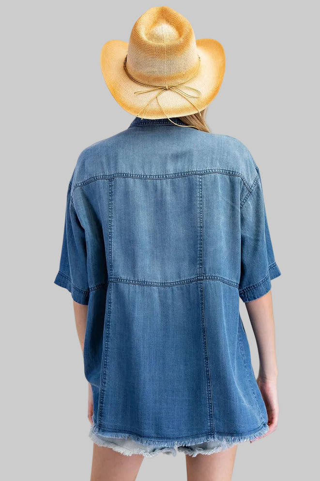 SHORT SLEEVE BUTTON DOWN TOP - DARK DENIM