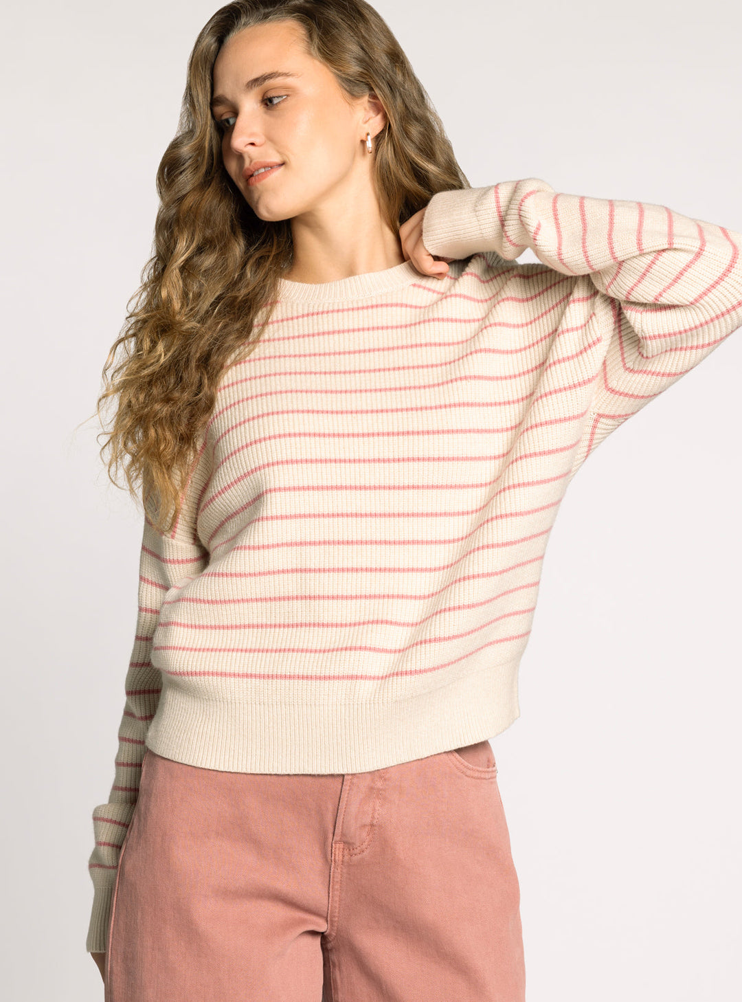 LONG SLEEVE ROUND NECK STRIPED ELY SWEATER - CREAM WATERMELON