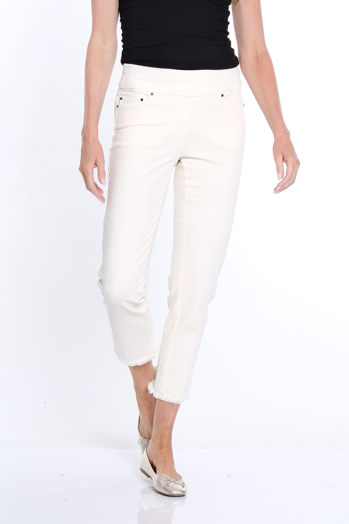 PULL ON FRINGE HEM ANKLE PANTS - WHITE