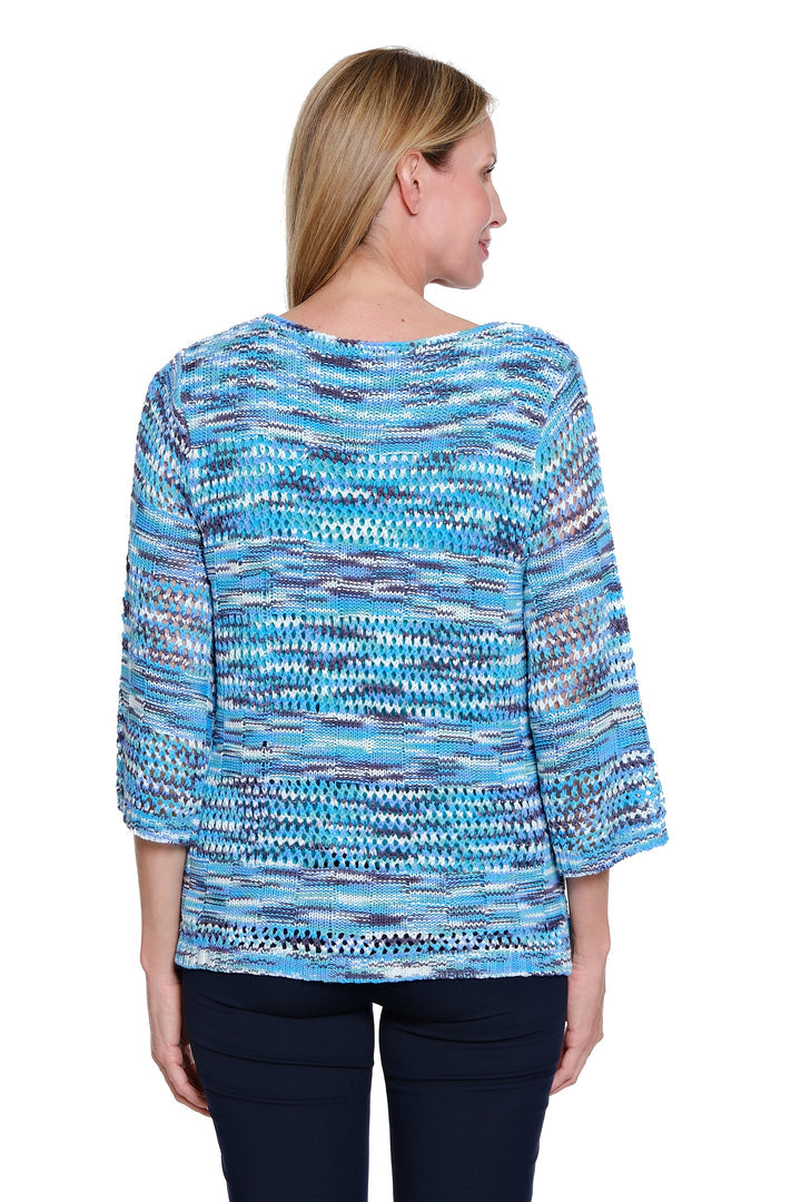 3/4 SLEEVE WIDE NECK KNIT SWEATER - FRENCH BLUE MIX