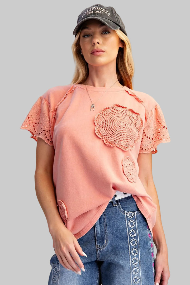 LACE SLEEVE CROCHET PATCH TERRY KNIT TOP - STRAWBERRY