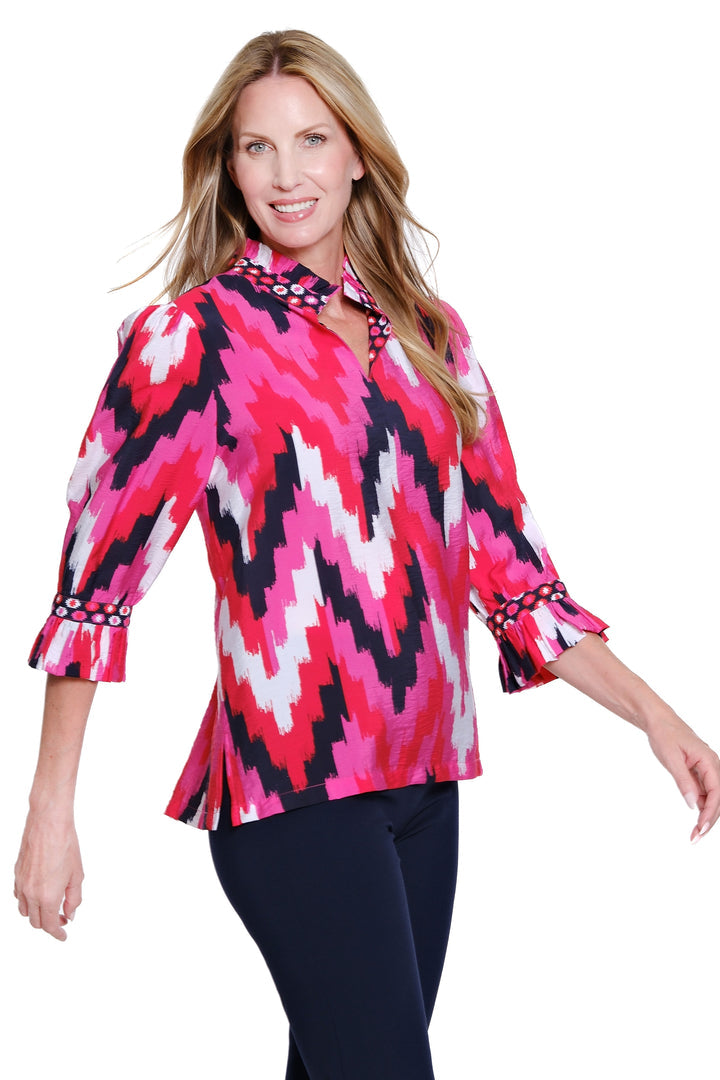 3/4 FLOUNCE SLEEVE RUFFLE COLLAR TOP - ABSTRACT PINK/RED/NAVY