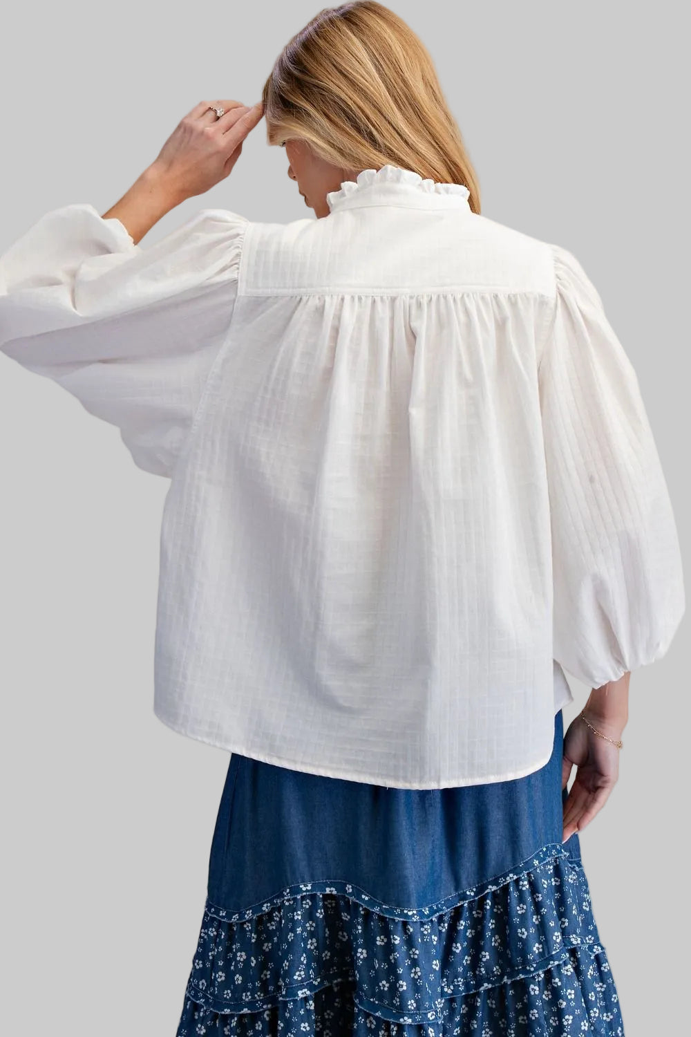LONG BALLOON SLEEVE FLORAL EMBROIDERY BLOUSE - WHITE