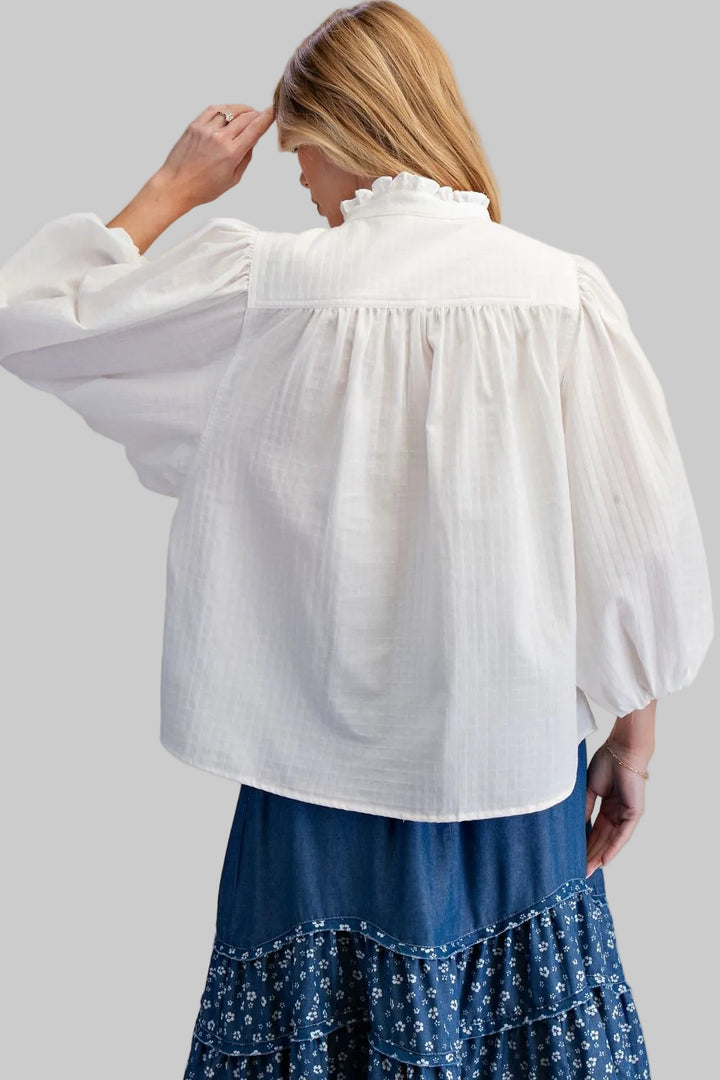 LONG BALLOON SLEEVE FLORAL EMBROIDERY BLOUSE - WHITE