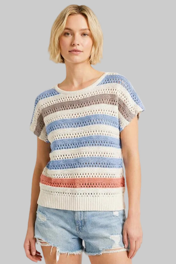 MULTI COLOR STRIPED CROCHET KNIT TOP - BLUE/GREY