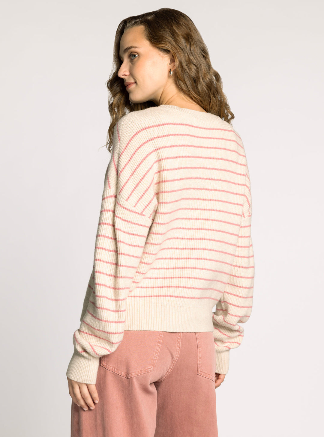 LONG SLEEVE ROUND NECK STRIPED ELY SWEATER - CREAM WATERMELON