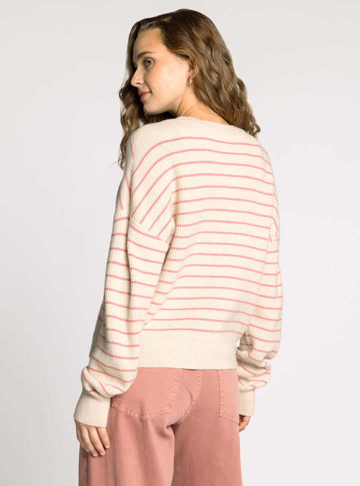 LONG SLEEVE ROUND NECK STRIPED ELY SWEATER - CREAM WATERMELON