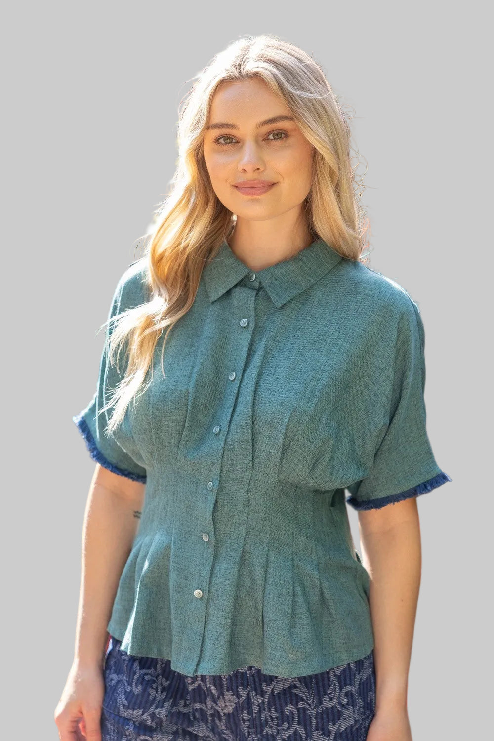 DOLMAN SLEEVE PLEATED WAIST BUTTON DOWN TOP - HUNTER GREEN