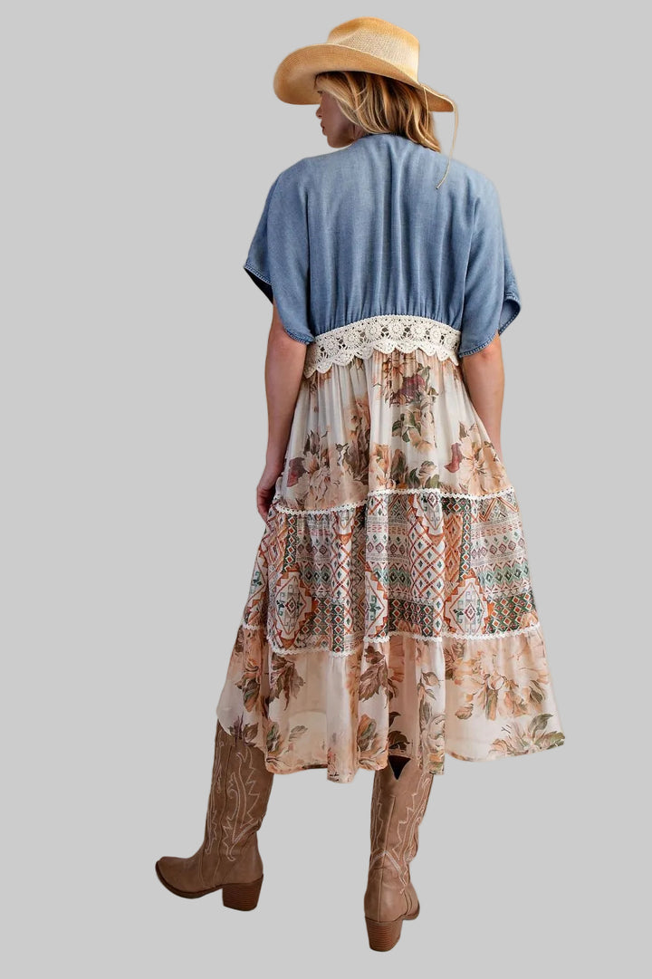 SHORT SLEEVE DENIM/WOVEN MIX OPEN MIDI KIMONO - WASHED DENIM
