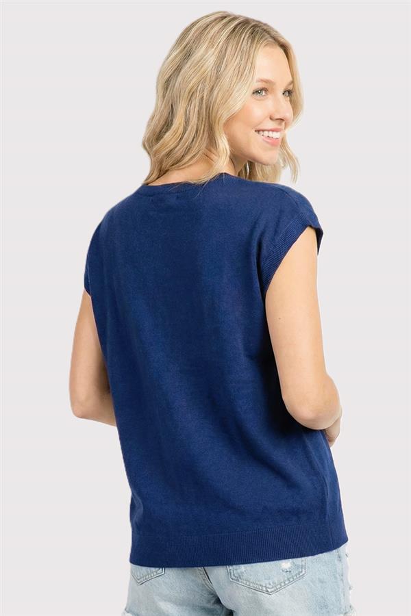 SHORT SLEEVE STAR EMBROIDERED PULLOVER - NAVY