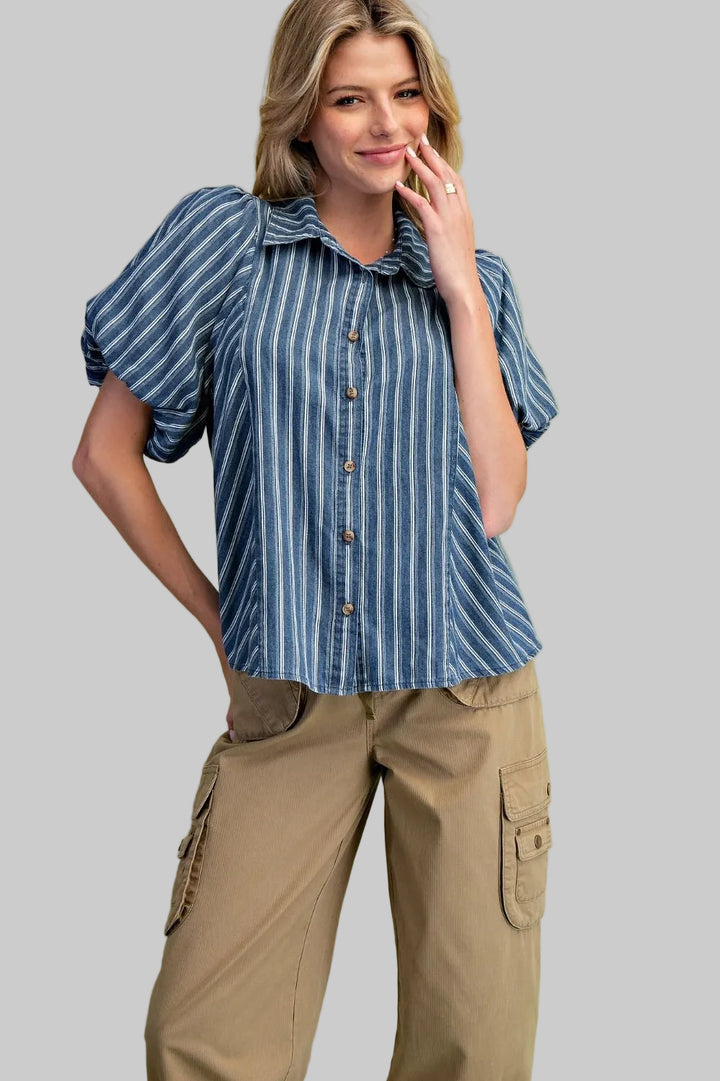 BUBBLE SLEEVE STRIPED MINERAL WASHED DENIM SHIRT - NAVY