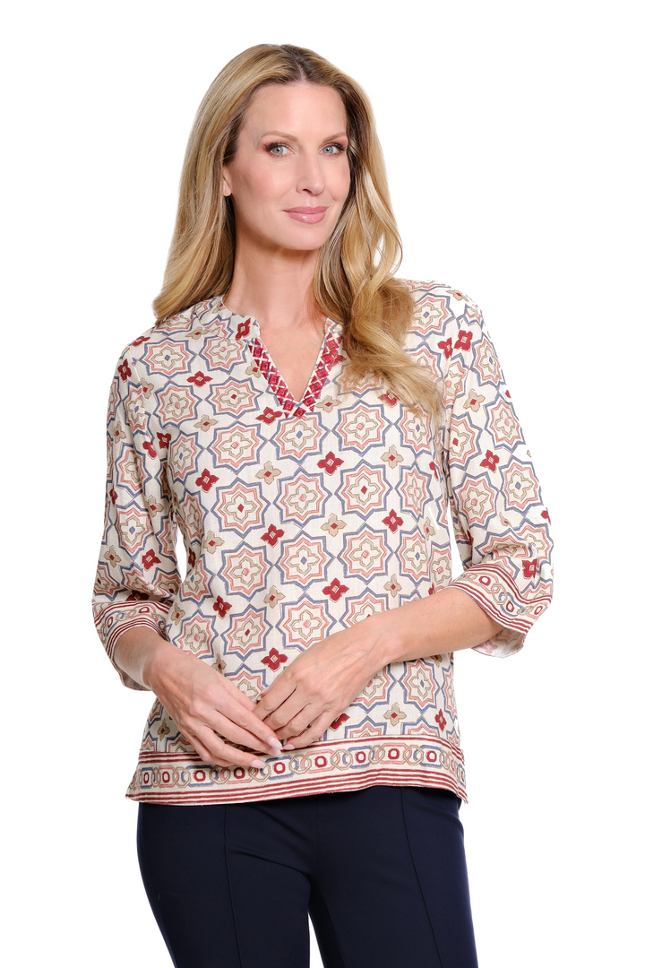 3/4 FLARE SLEEVE NOTCH NECK EMBROIDERED TOP - GEO CREAM/BURGUNDY/TAN