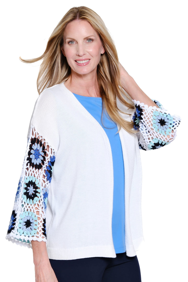3/4 CROCHET SLEEVE OPEN FRONT CARDIGAN - WHITE