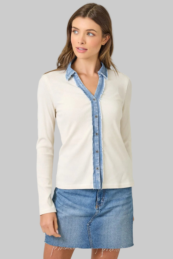 WASHED RIB THERMAL BUTTON DOWN TOP - VINTAGE WHITE