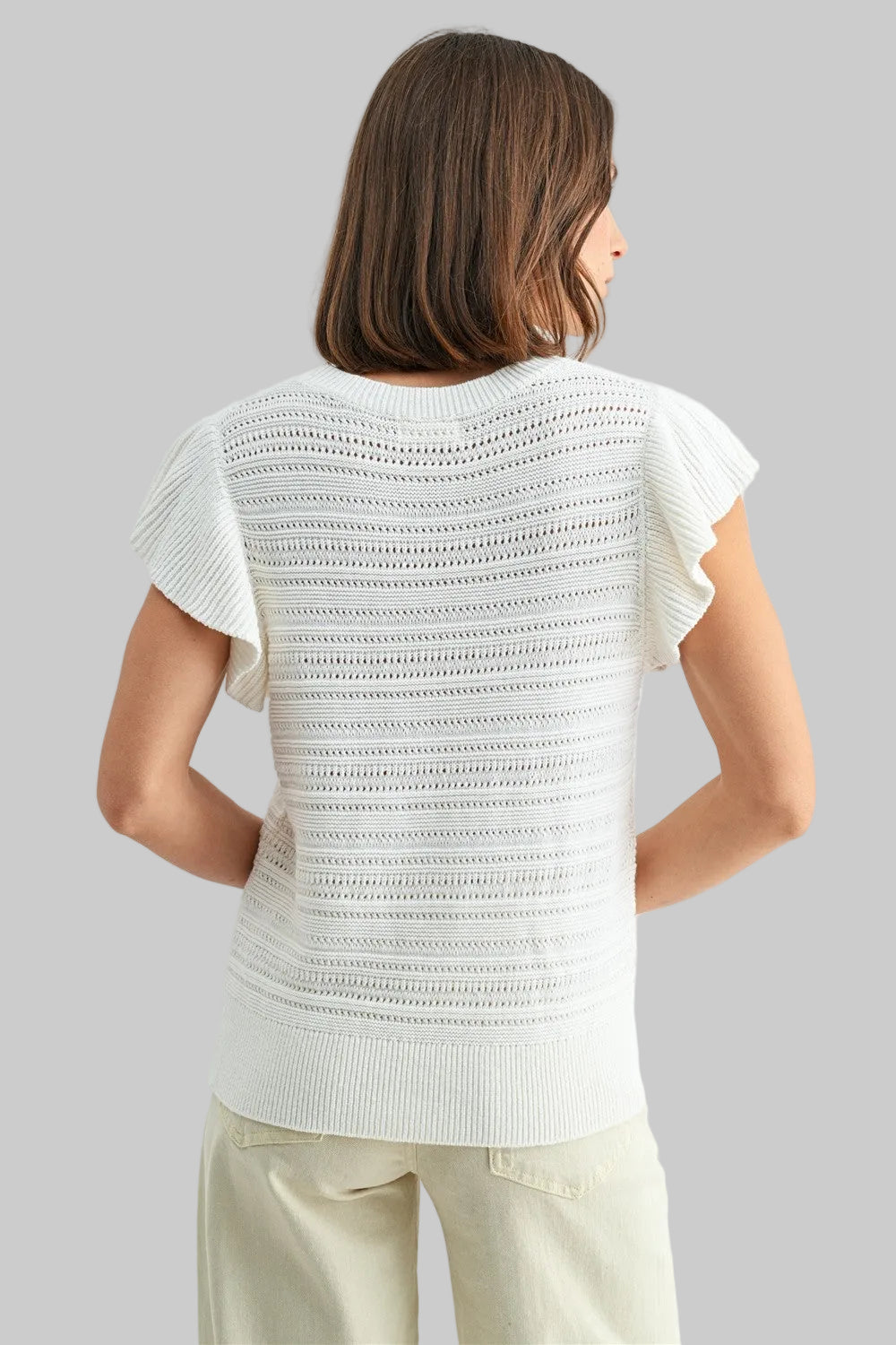 RUFFLE SLEEVE CREW NECK SWEATER - OFF WHITE