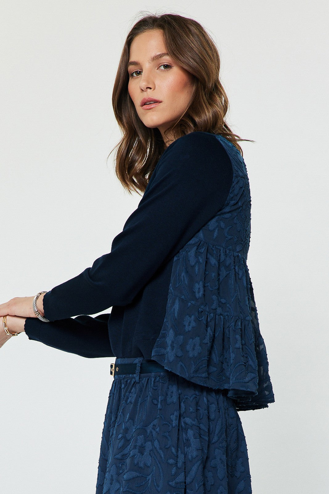 MIXED MEDIA FLORAL BACK SWEATER - NAVY