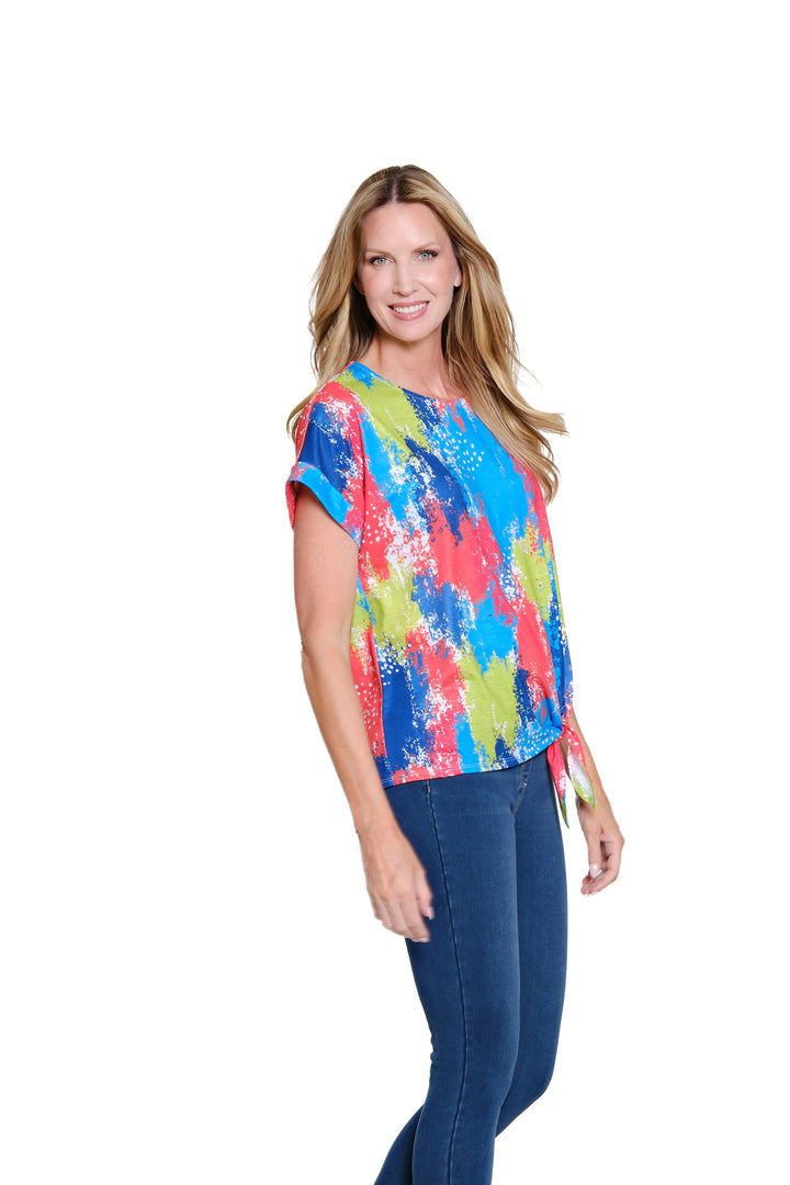 CUFFED S/S DOLMAN SCOOP NECK TIE WAIST TOP - ABSTRACT CORAL/LIME/BLUE