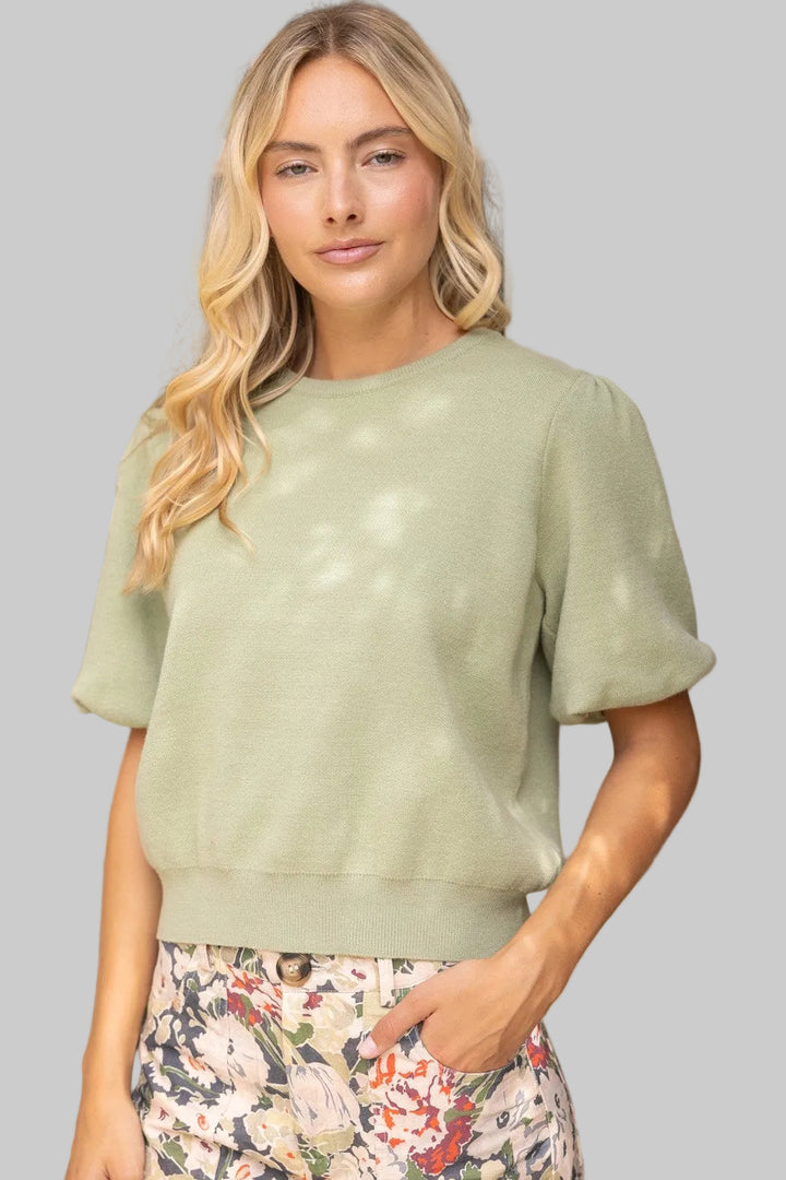 SHORT BUBBLE SLEEVE SOLID KNIT TOP - OLIVE