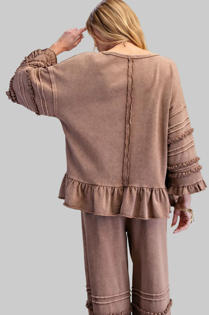 HALF SLEEVE MINERAL WASHED RUFFLE HEM TUNIC - MOCHA