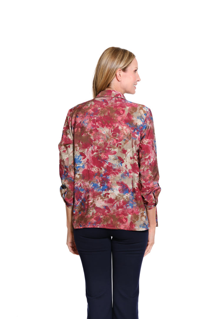 CUFFED 3/4 SLEEVE MULTI TUCK BUTTON FRONT SHIRT - FLORAL MAUVE/COCOA