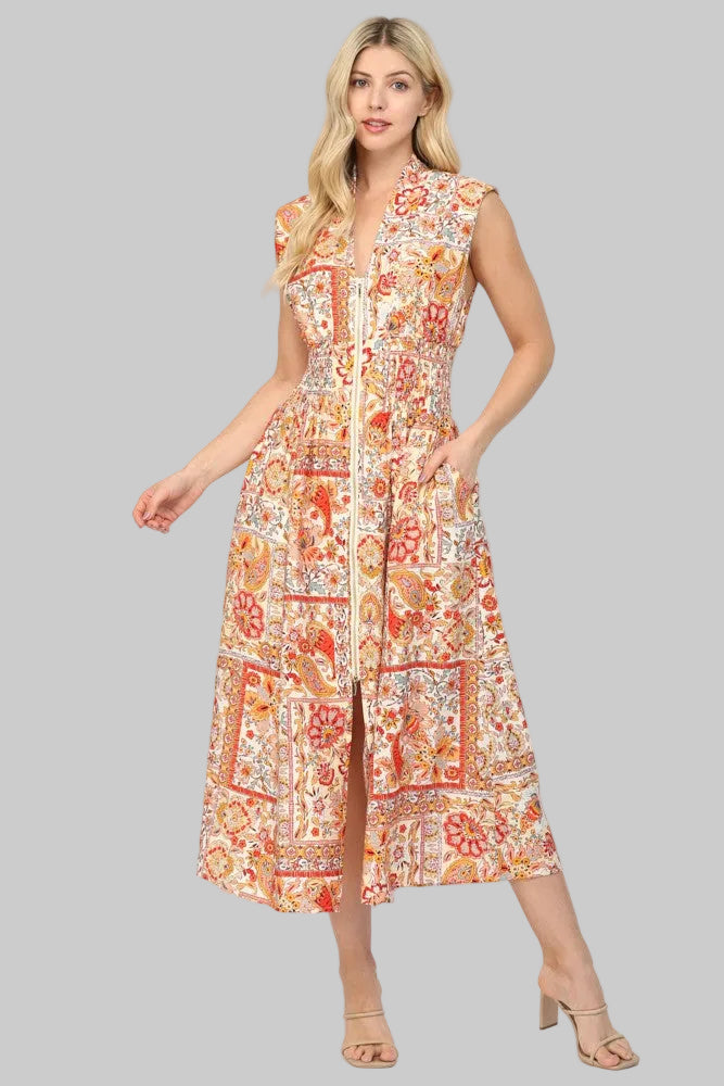 SLEEVELESS V-NECK FRONT ZIP PRINTED MIDI DRESS - CREAM MULTI