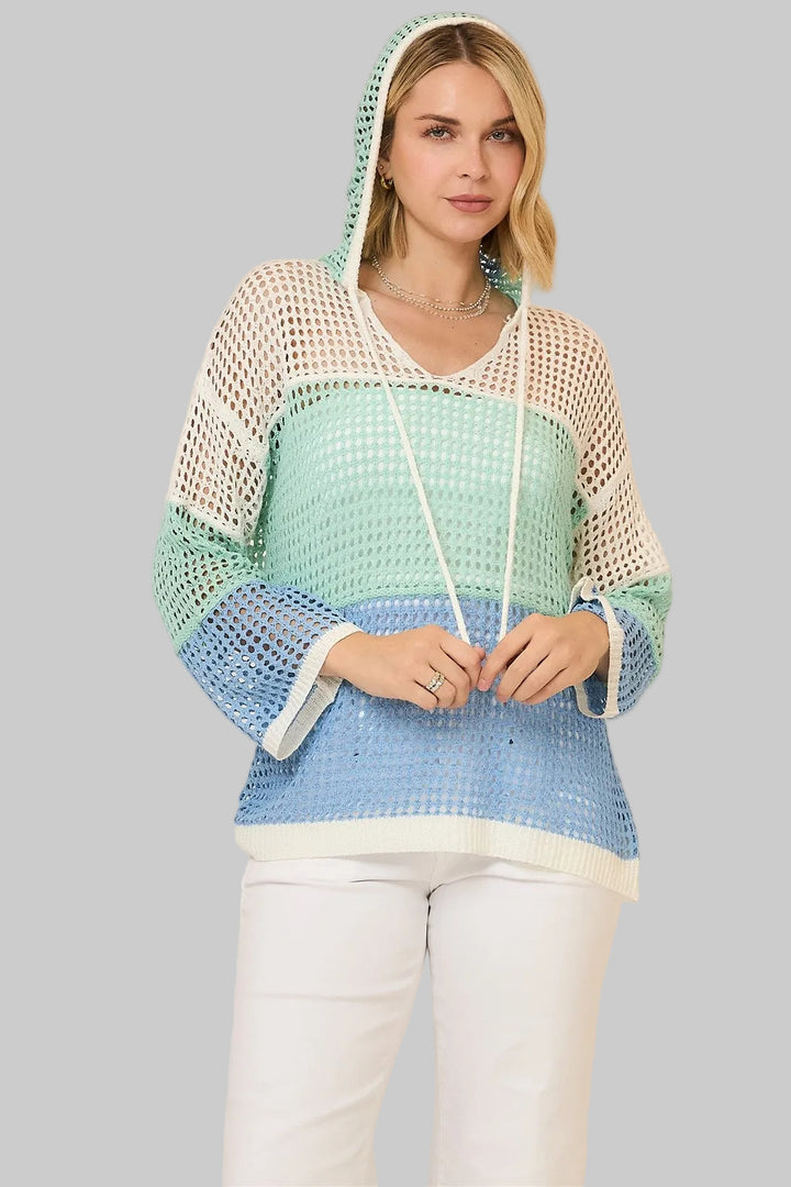 LONG SLEEVE OPEN KNIT COLOR BLOCKED HOODED SWEATER - SEAGLASS