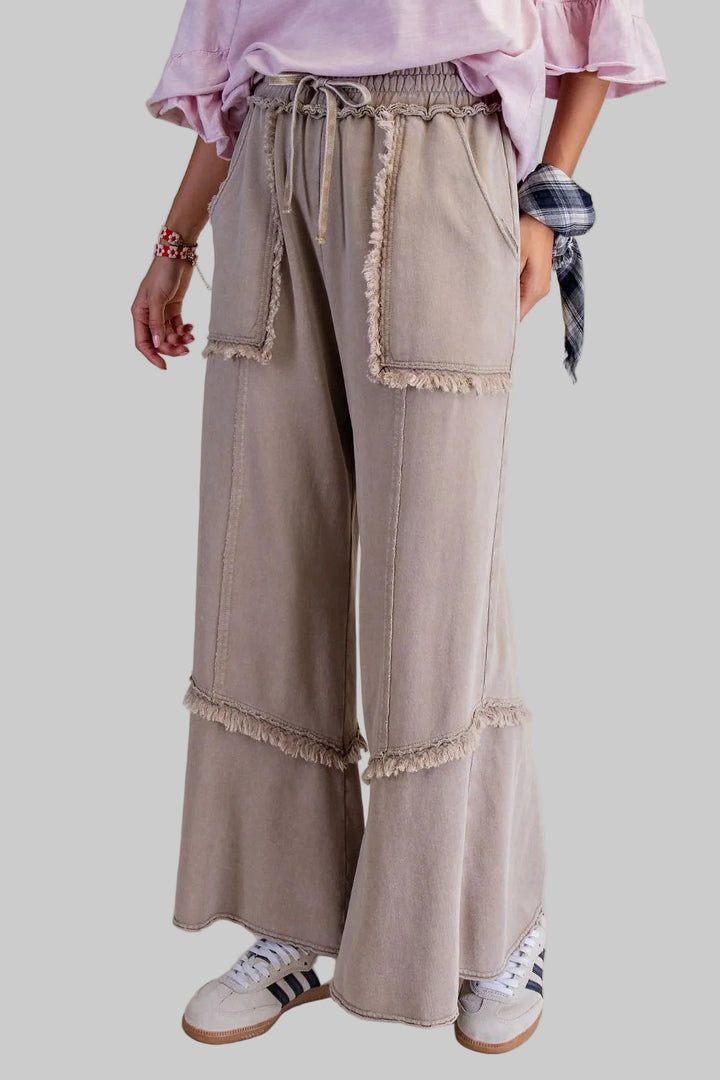 WIDE LEG WASHED TERRY PANTS - MUSHROOM