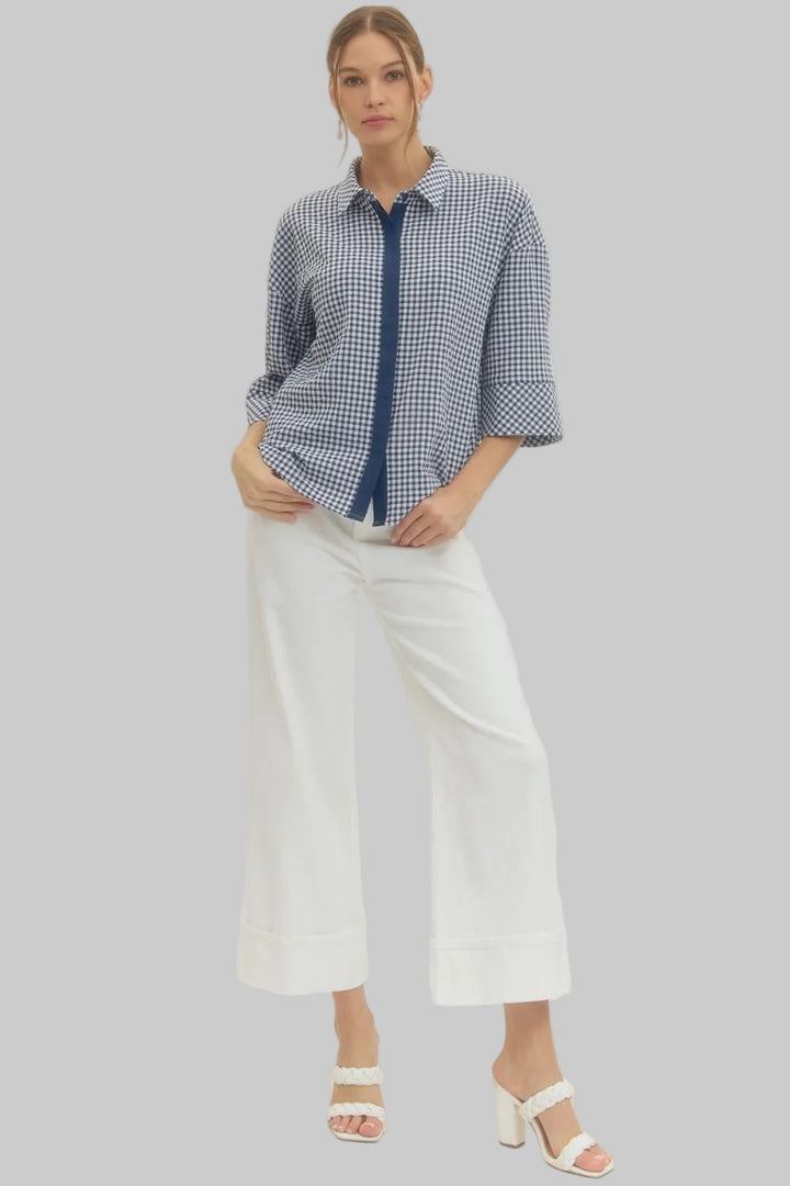 3/4 SLEEVE COLLARED BUTTON FRONT GINGHAM TOP - NAVY