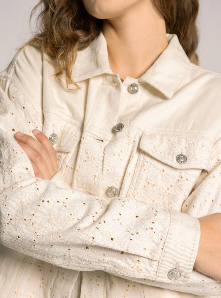 COLLARED EYELET DETAIL DENIM JACKET - CREAM