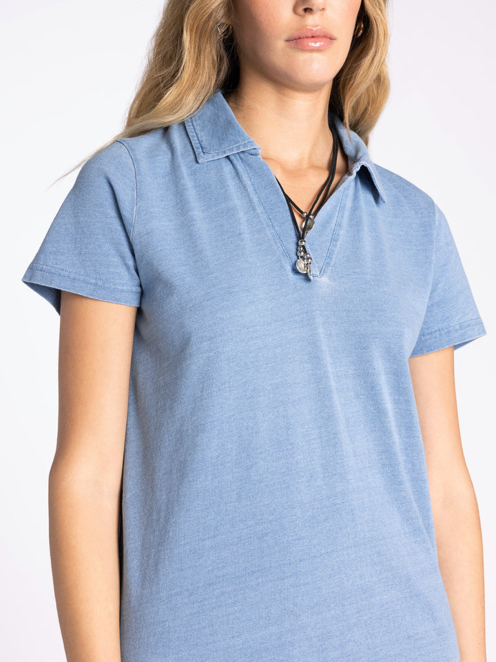 COLLARED V-NECK SOLID SHORT ALLIUM DRESS - LIGHT DENIM BLUE