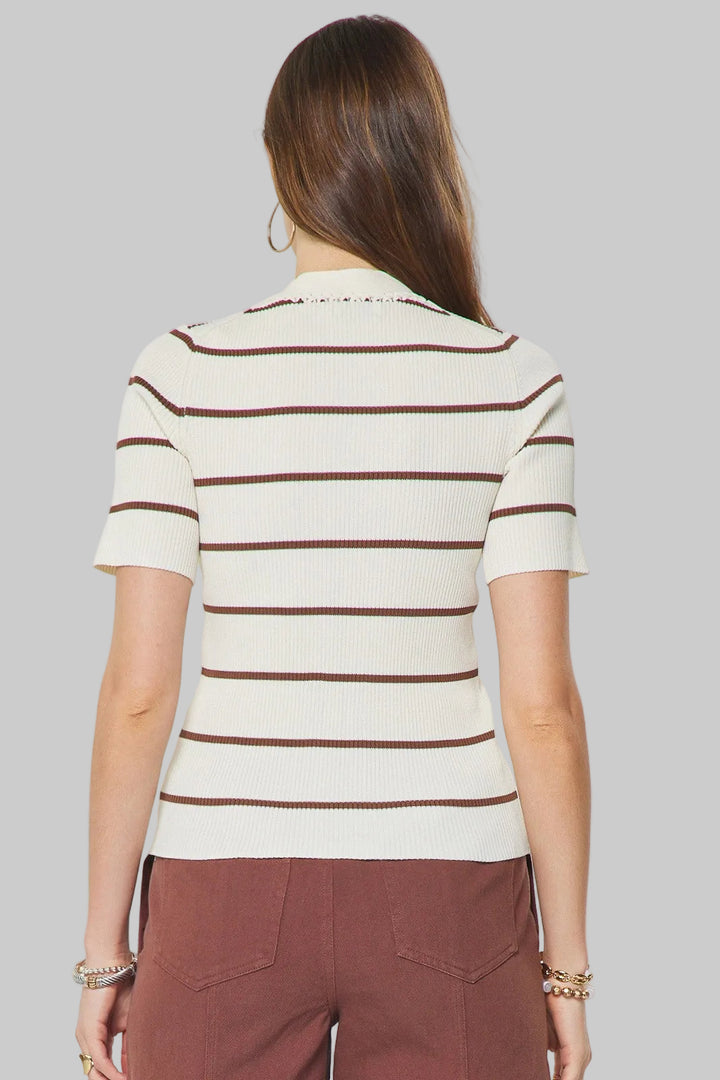 SHORT SLEEVE FITTED RIBBED SWEATER - WHITE BROWN STRIPE