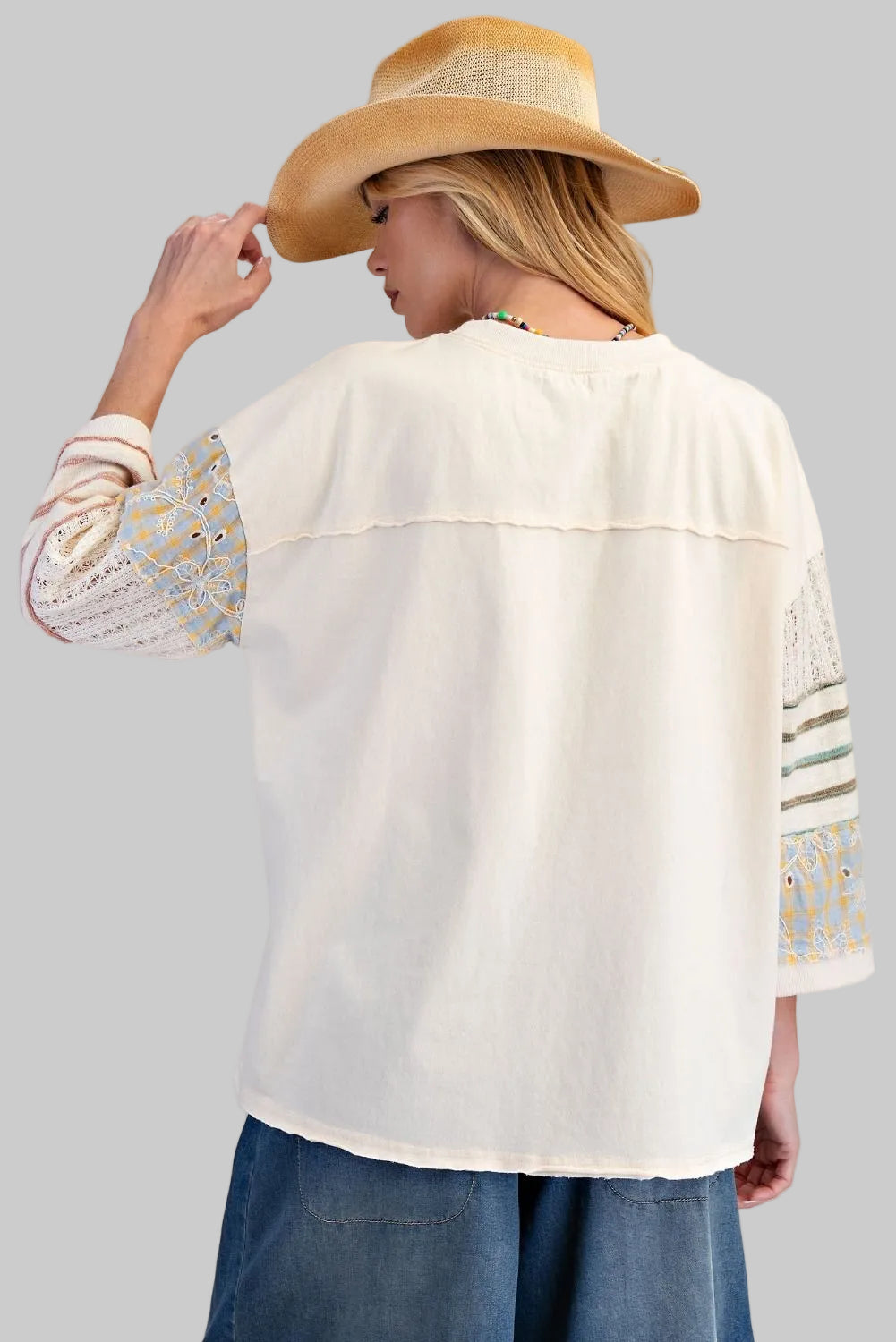 3/4 SLEEVE PRINTED WASHED BOXY TOP - IVORY