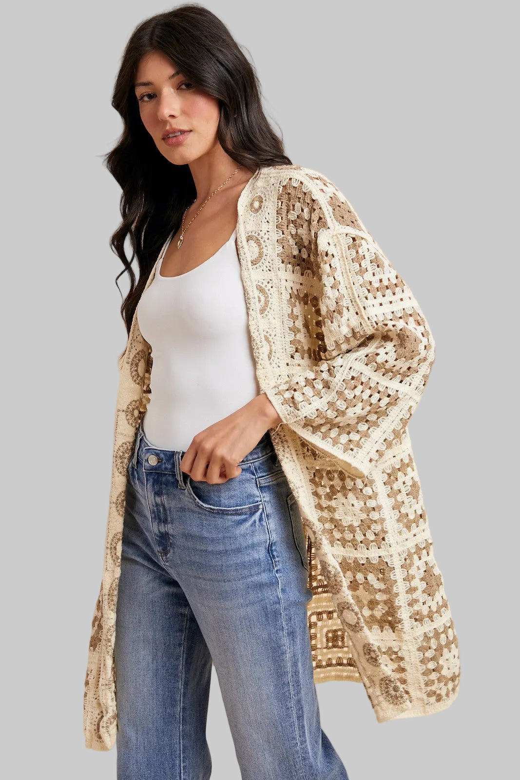 LONG SLEEVE CROCHET LONG OPEN CARDIGAN - CREAM/MOCHA