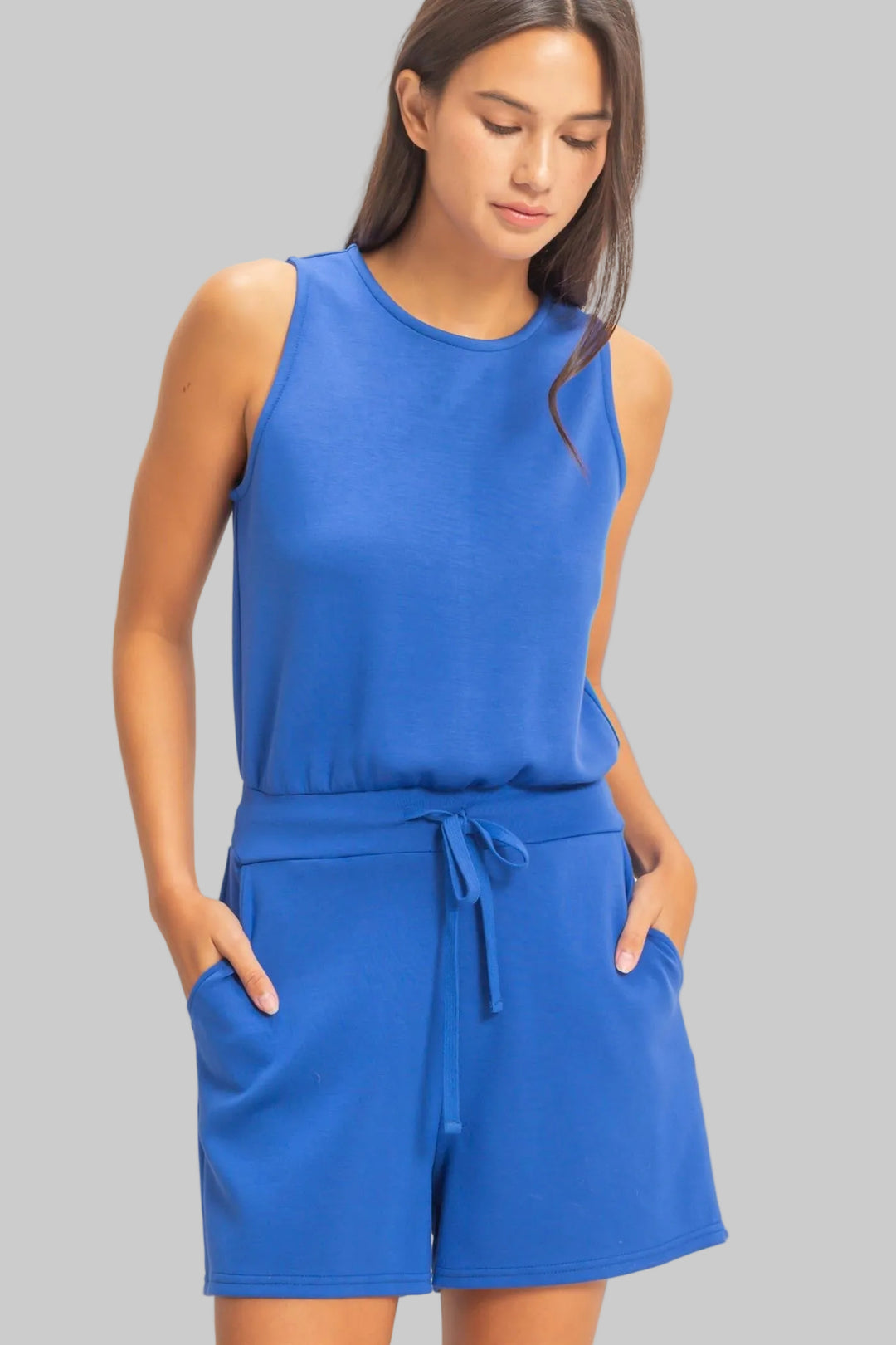 SLEEVELESS DRAWSTRING WAIST ROMPER - COBALT