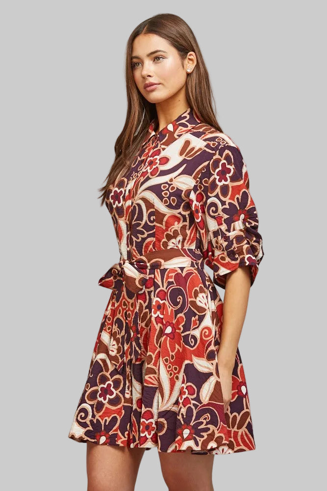 SHORT SLEEVE ABSTRACT FLORAL TIE WAIST DRESS - PURPLE MULTI