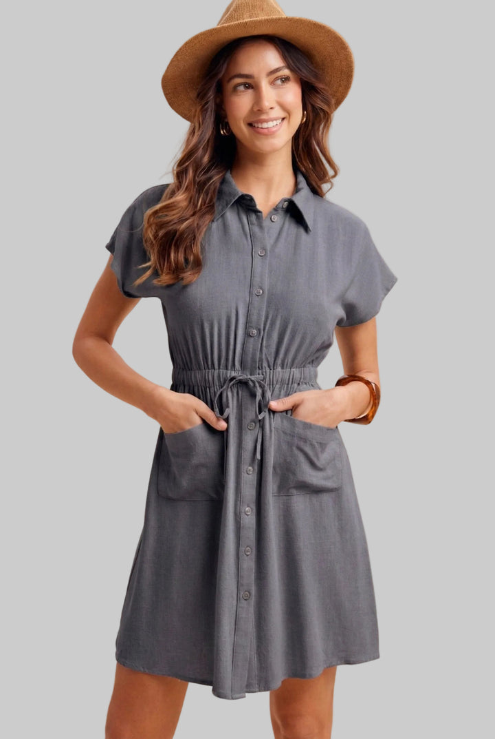 SHORT SLEEVE BUTTON DOWN SHIRT SHORT DRESS - CHARCOAL