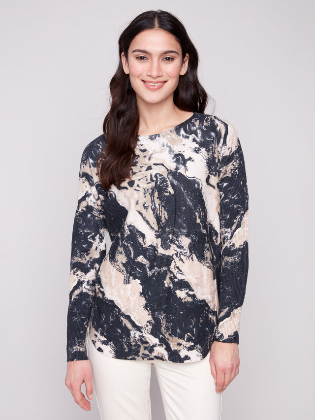 PRINTED ROUNDED HEM SWEATER - GRANITE