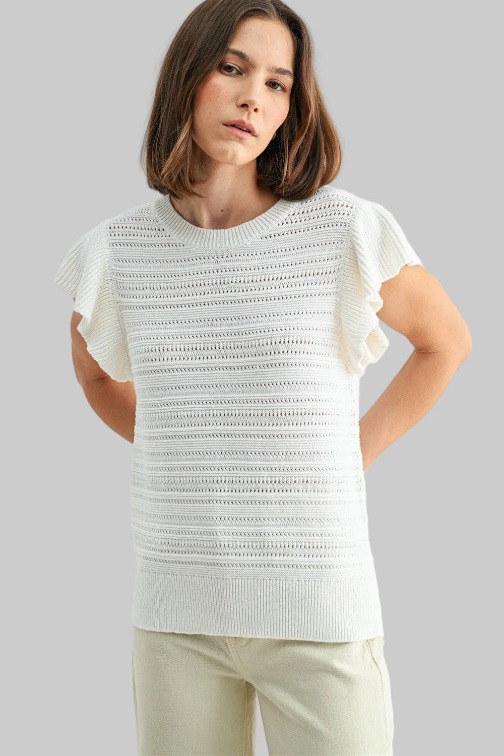 RUFFLE SLEEVE CREW NECK SWEATER - OFF WHITE