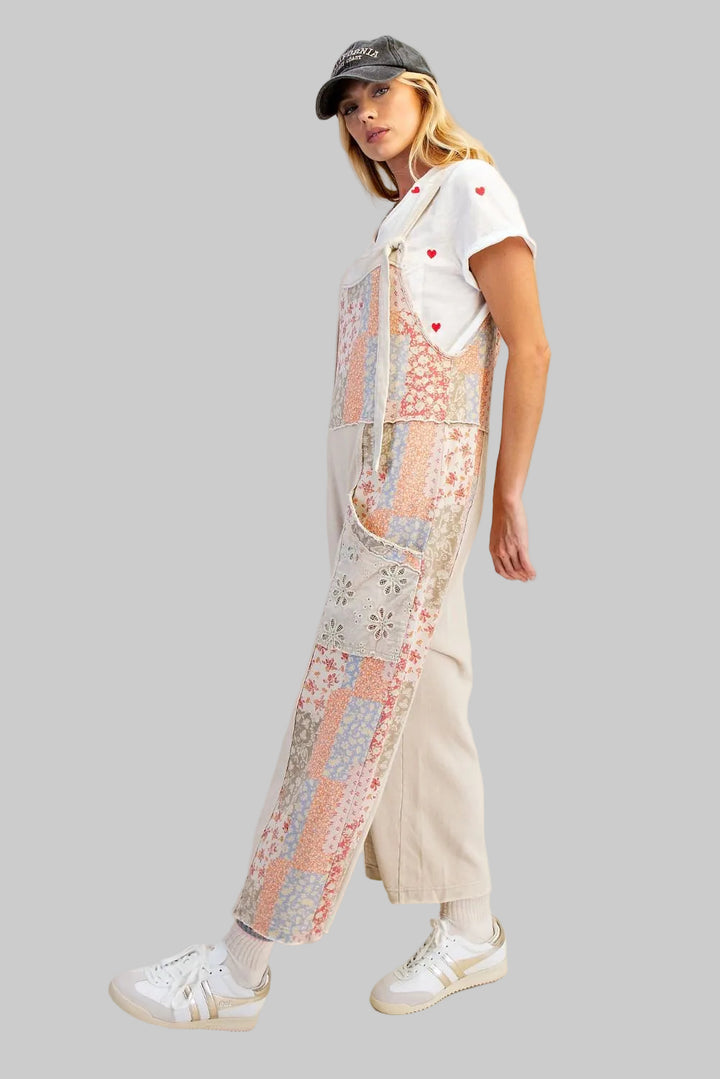 PATCHWORK PRINT MIX TERRY KNIT JUMPSUIT - ECRU