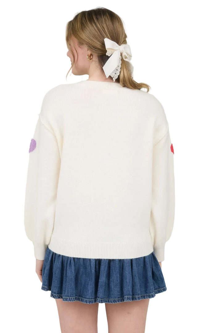 MULTI-COLOR HEART CREW NECK SWEATER - IVORY