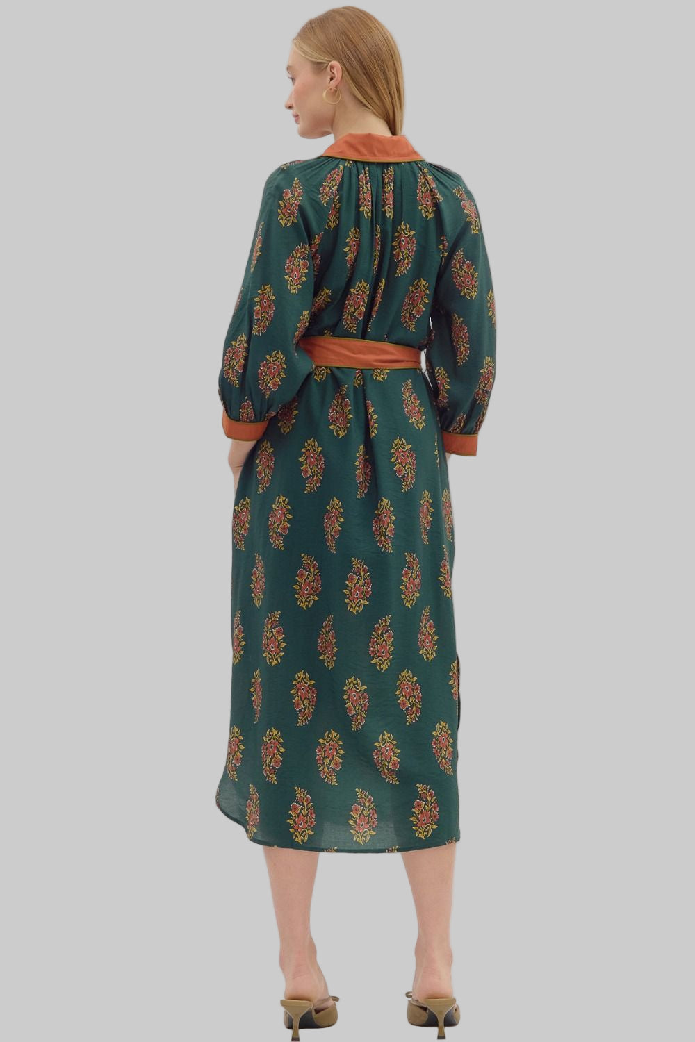 3/4 SLEEVE BOTANICAL PRINT MIDI DRESS W/TIE - HEATHER GREEN