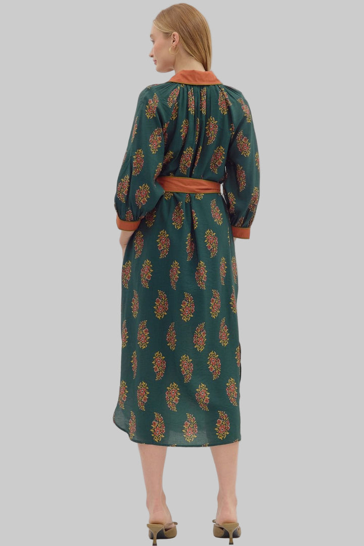 3/4 SLEEVE BOTANICAL PRINT MIDI DRESS W/TIE - HEATHER GREEN