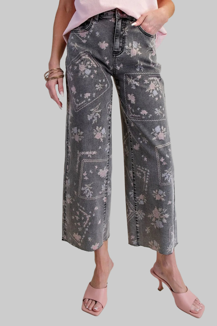 PRINTED ENZYME WASHED STRETCH DENIM PANTS - BLACK DENIM