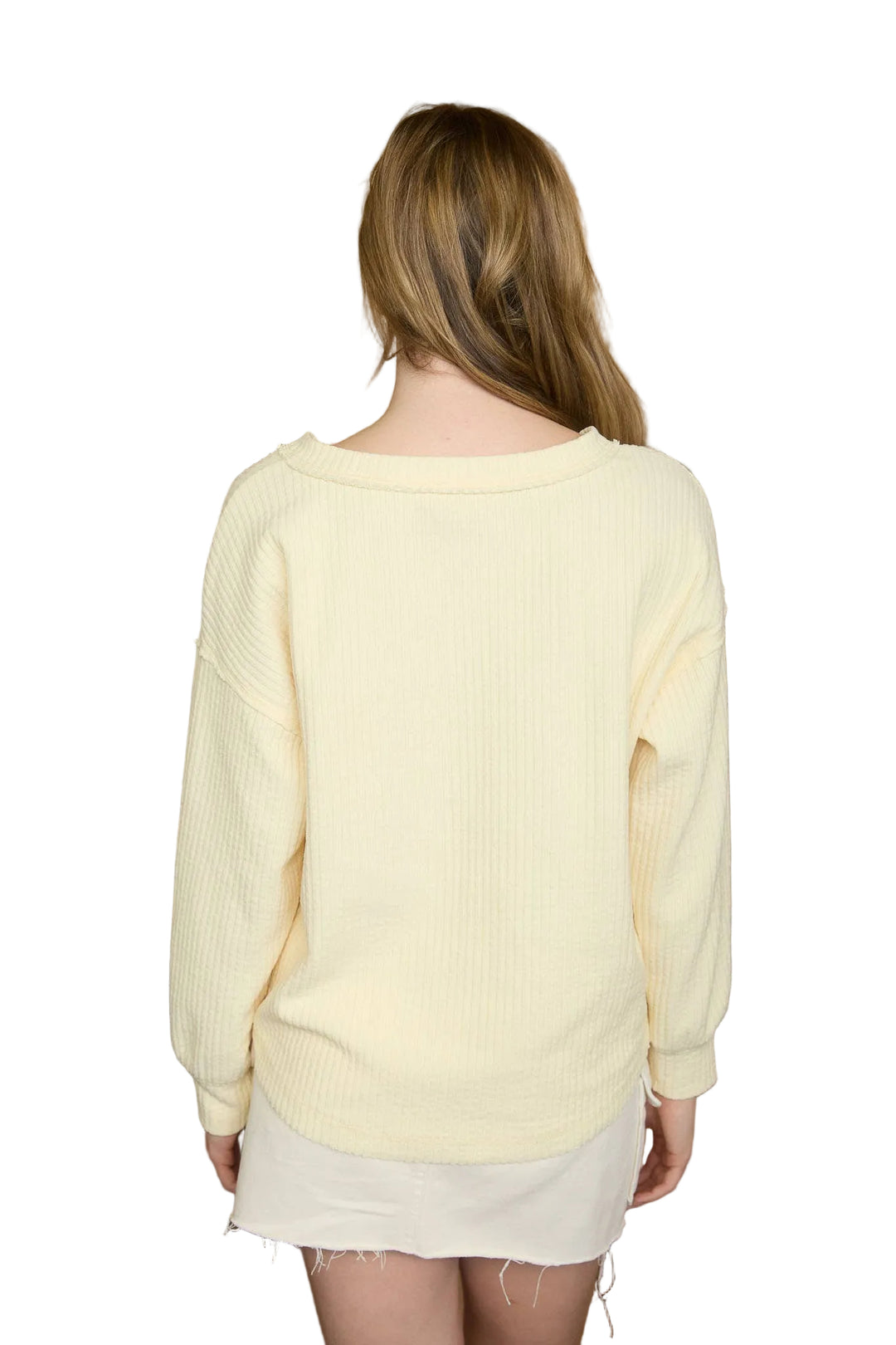 RIBBED HENLEY LONG SLEEVE EXPOSED SEAM KNIT TOP - BUTTER YELLOW