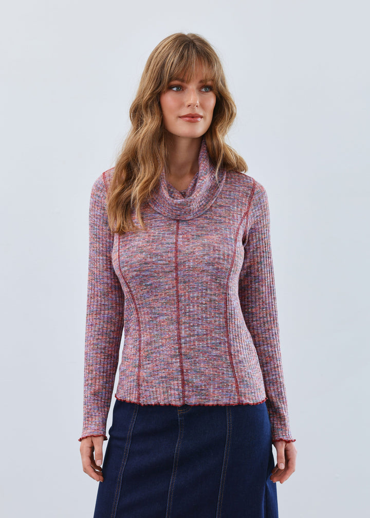 LONG SLEEVE COWL NECK SPACEDYE TOP - MAUVE PURPLE MIX