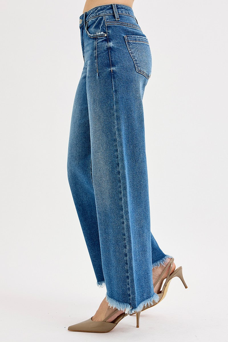 RISEN MID RISE FRAY HEM WIDE LEG JEANS - DARK - 30.5" INSEAM