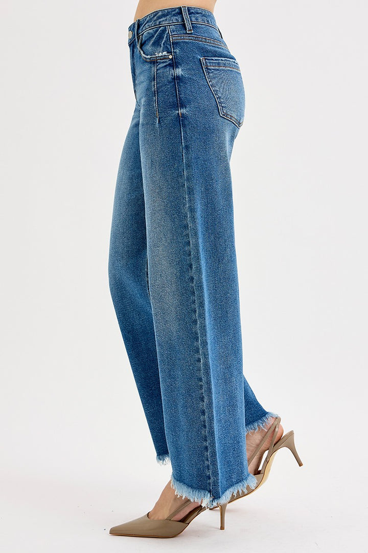 RISEN MID RISE FRAY HEM WIDE LEG JEANS - DARK - 30.5" INSEAM
