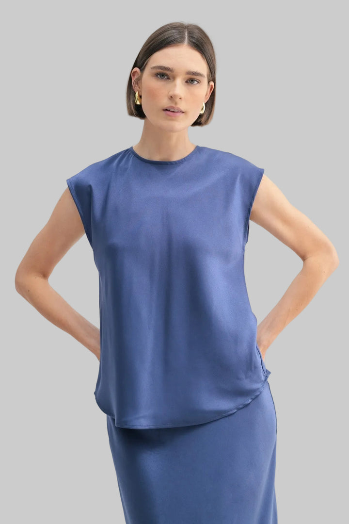 SATIN DROP SHOULDER WOVEN TOP - NAVY