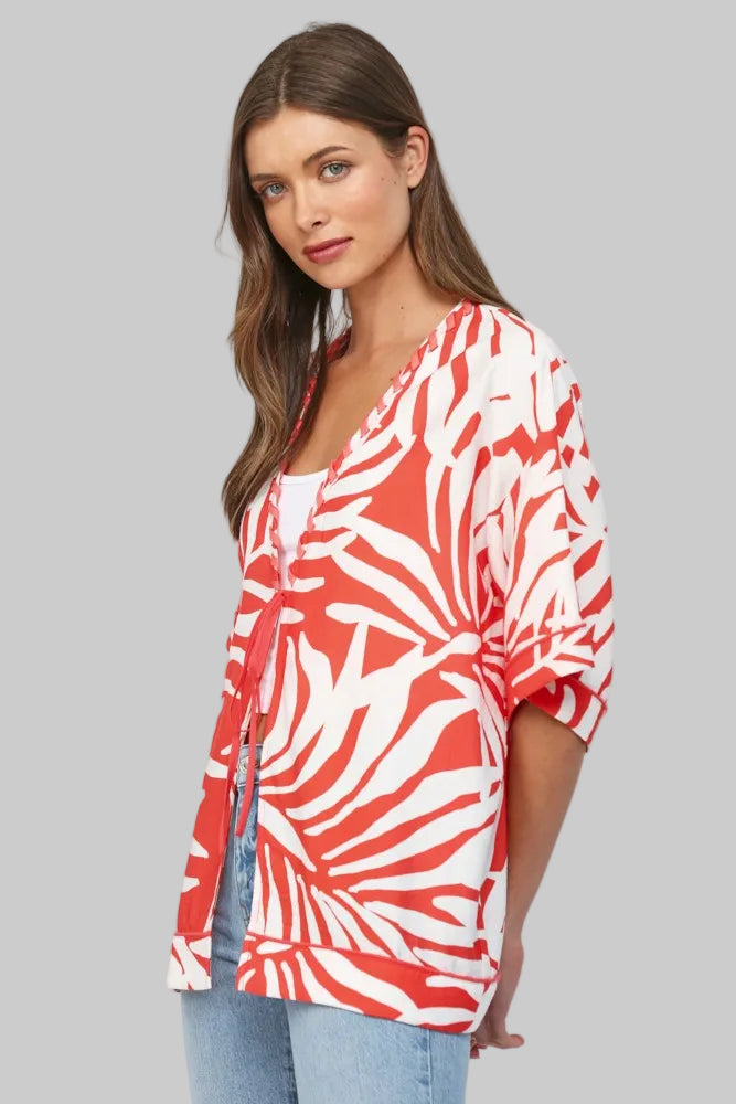 TROPICAL PRINT KIMONO W/BRAIDED EDGE - WHITE/CORAL