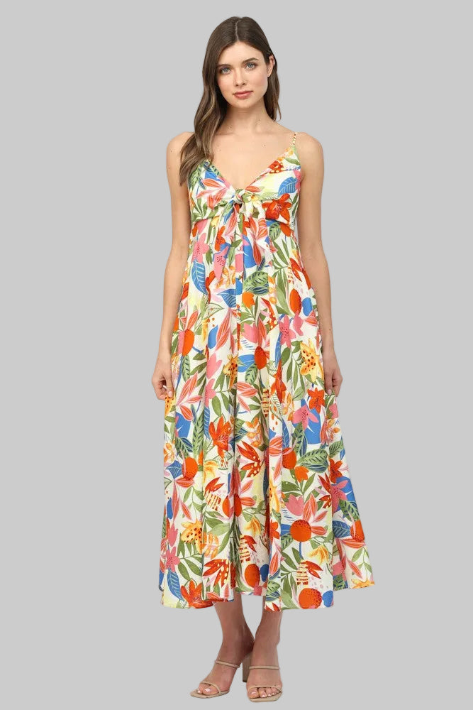 SPAGHETTI STRAP FRONT BOW TIE MIDI DRESS - WHITE MULTI